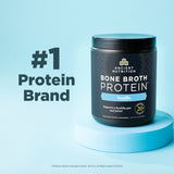 Ancient Nutrition Bone Broth Protein container on a blue background with '#1 Protein Brand' text.