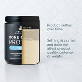 Two supplement containers with text about product settling on a light gray background