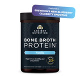 Ancient Nutrition Bone Broth Protein Vanilla flavor in a dark jar, featuring a blue promotional badge that says 'Featured in Erewhon's New Blueberry Celebrity Smoothie' on a white background.