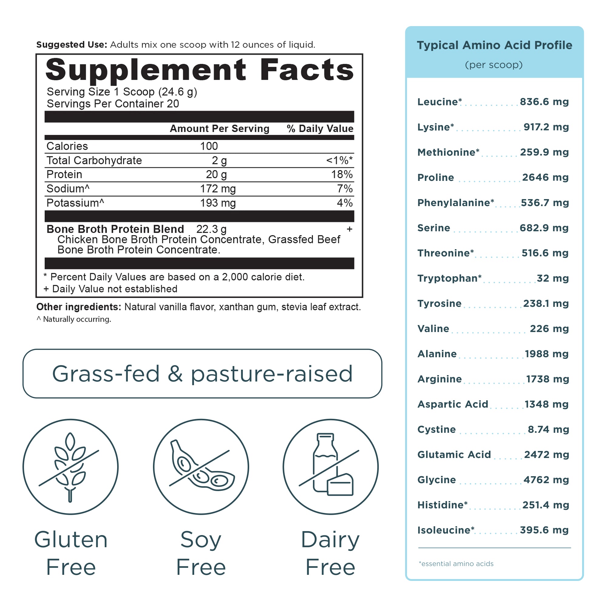 Bone Broth Protein Powder Vanilla (20 Servings) supplement label