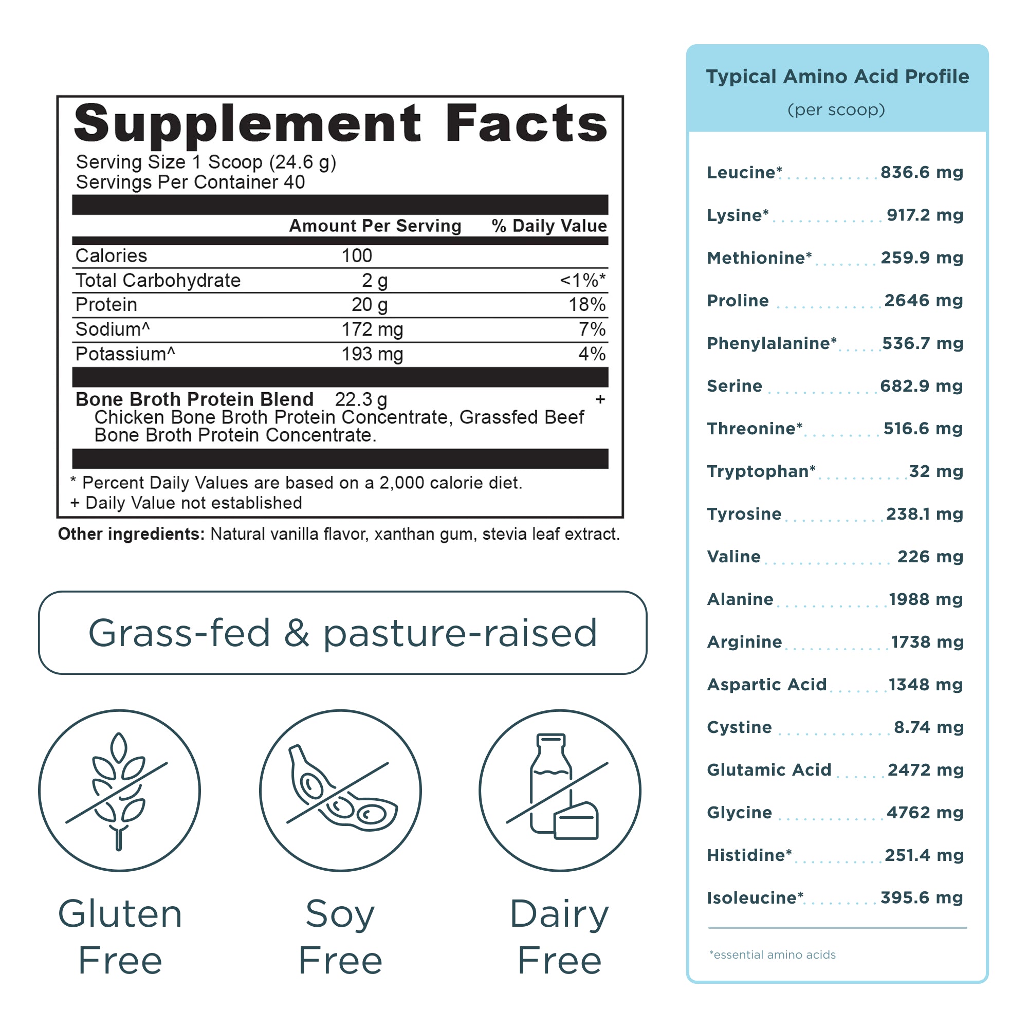 Bone Broth Protein Powder Vanilla (40 Servings) supplement label