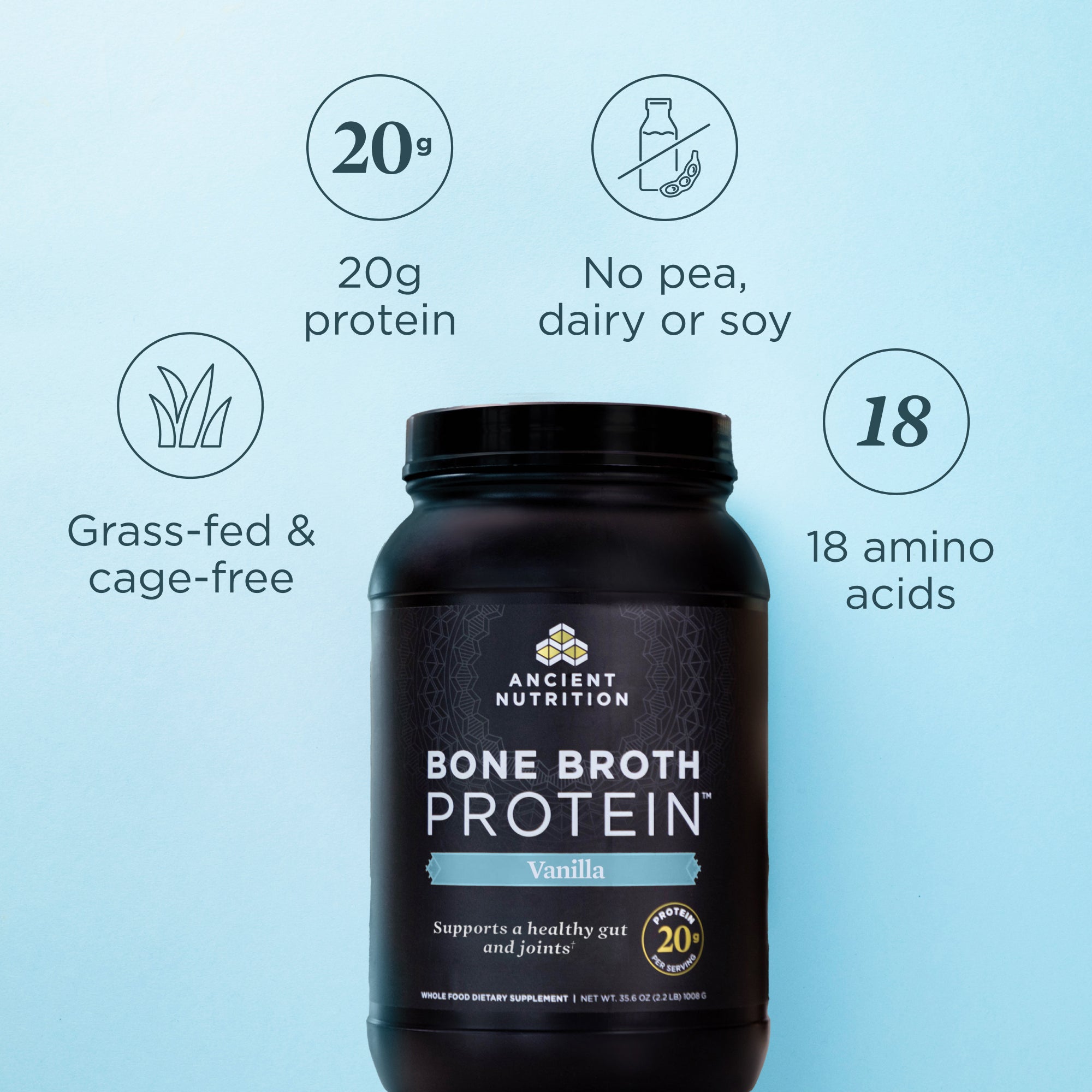 a bottle of Bone Broth Protein Powder Vanilla (40 Servings) on a blue background