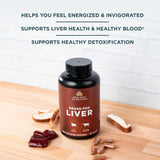 grass-fed liver capsules bottle with mushrooms, liver and capsules surrounding it