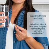 Woman holding a glass of water with text about thyroid support on a white background