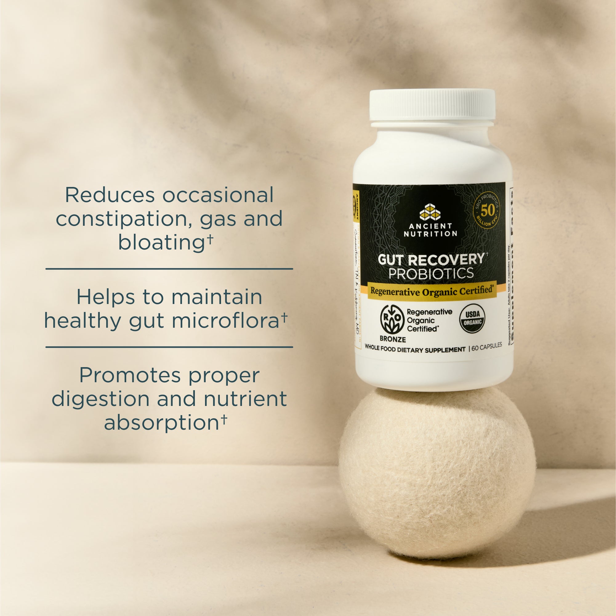 a bottle of Regenerative Organic Certified® Gut Recovery Probiotics Capsules (60 Capsules) on a tan background