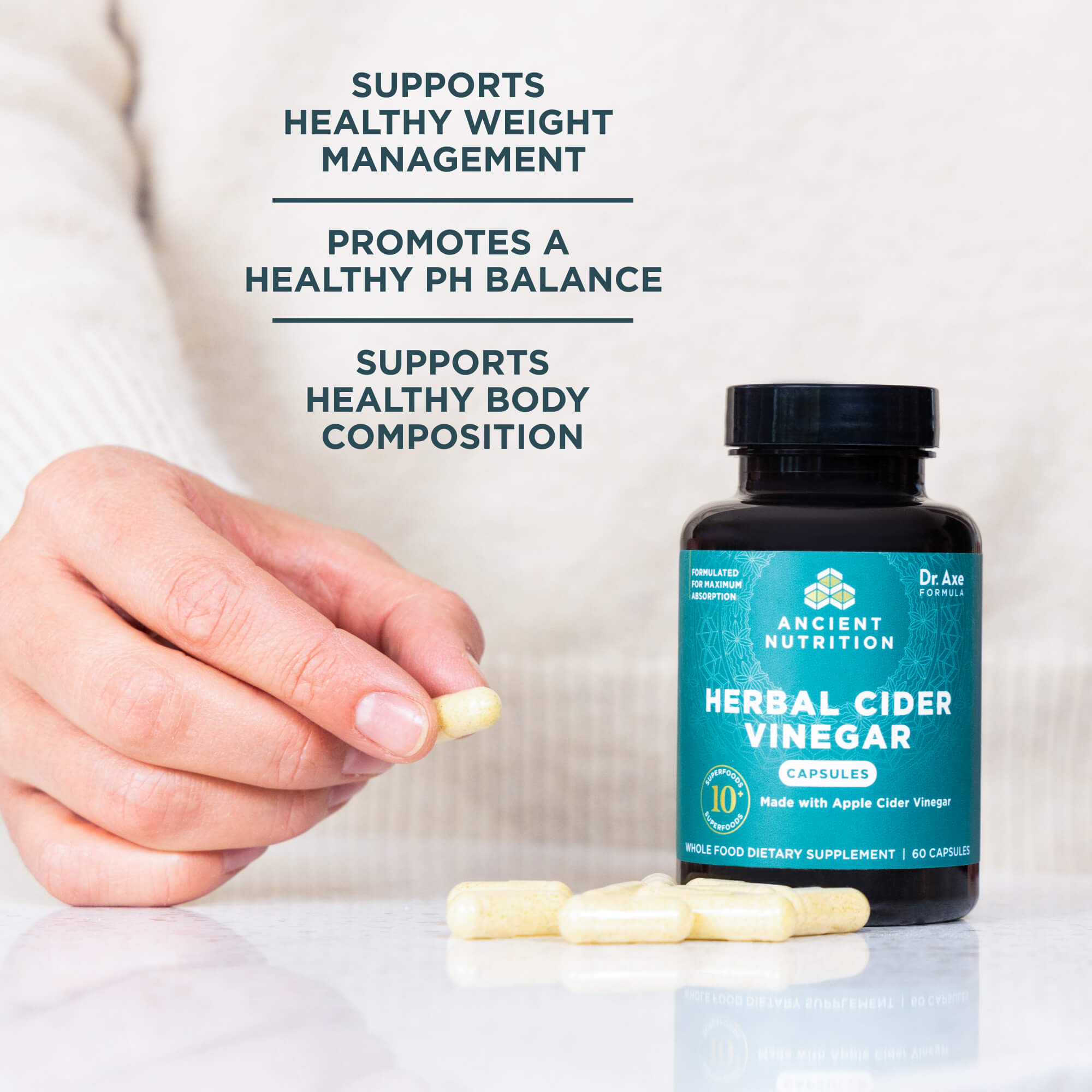herbal cider vinegar capsules on a counter top