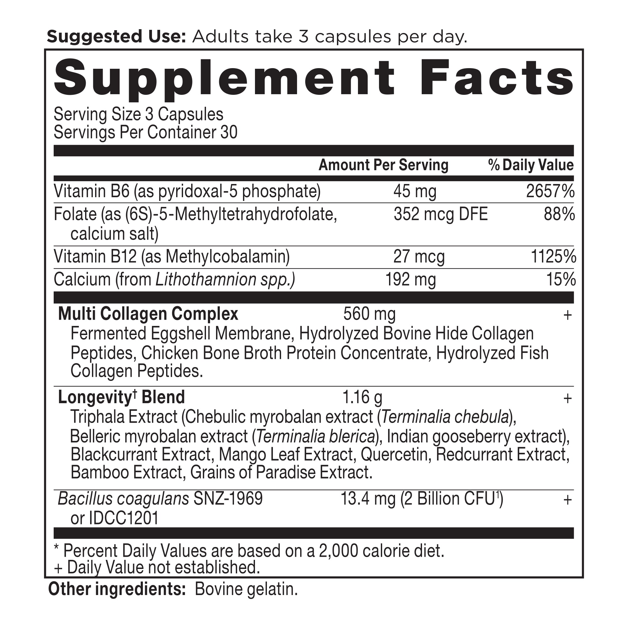 Multi Collagen Advanced Longevity supplement label