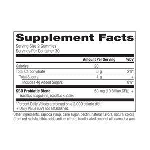 SBO Probiotics Gummies Berry - 60ct supplement label