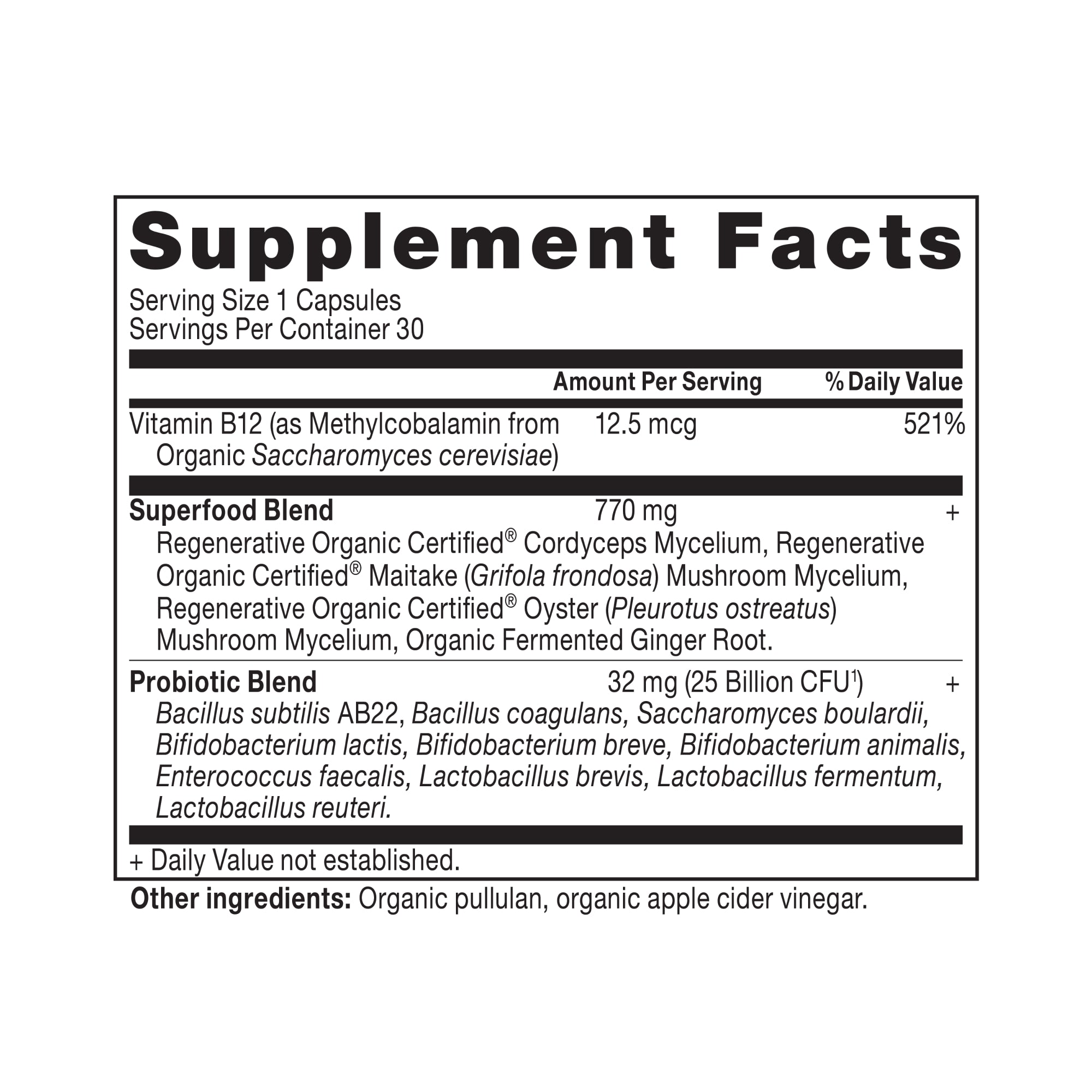 Regenerative Organic Certified® Once Daily Probiotics Capsules (30 Capsules) Supplement Label