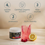 A jar of Organic Fiber supplement by NutriSense is displayed on a light beige surface next to a glass of pink drink with a lemon slice and raspberries. Above the product, five circular icons highlight key features: 4g soluble fiber, Certified Organic (CCOF), 2 fiber sources, 2 billion probiotics, and GLP-1 friendly.