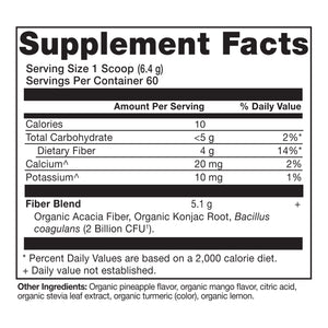 Organic Fiber Powder Pineapple Mango Flavor (60 Servings) supplement label