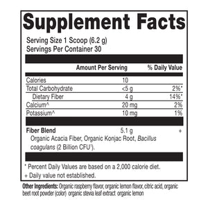 Organic Fiber Powder Raspberry Lemonade Flavor (30 Servings) supplement label