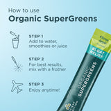 Instructions on how to use Organic SuperGreens with a product packaging on a light blue background