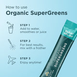Instructions on how to use Organic SuperGreens with a product packaging on a light blue background