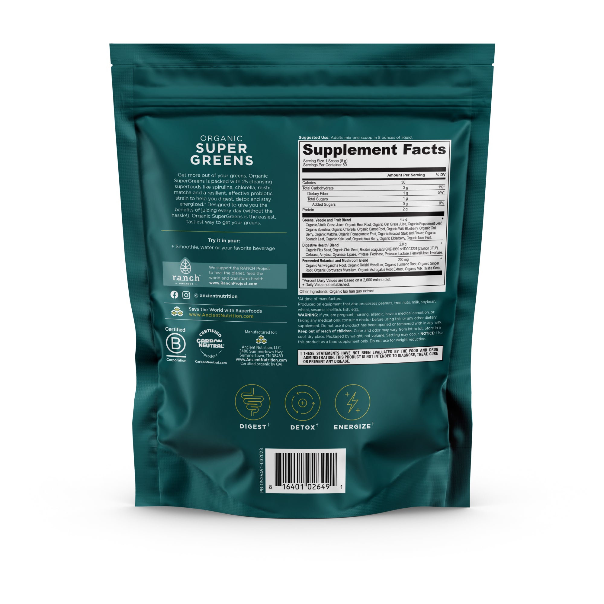 Organic SuperGreens Powder Greens Flavor (50 Servings) back of bag