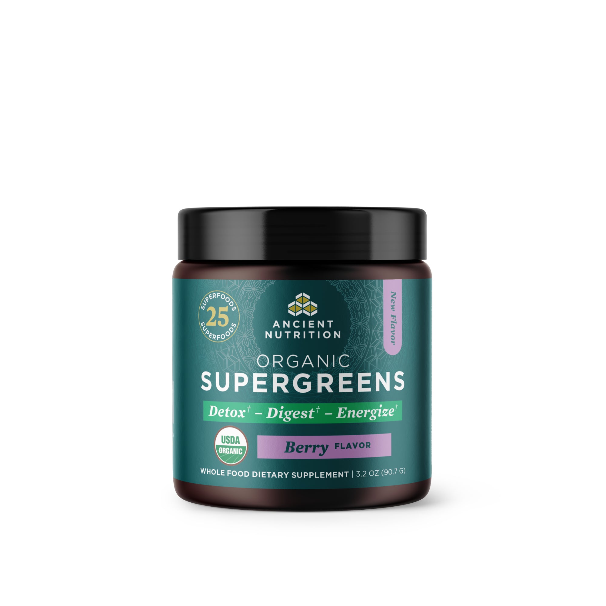 Organic SuperGreens Powder Berry Flavor (12 Servings) front of bottle