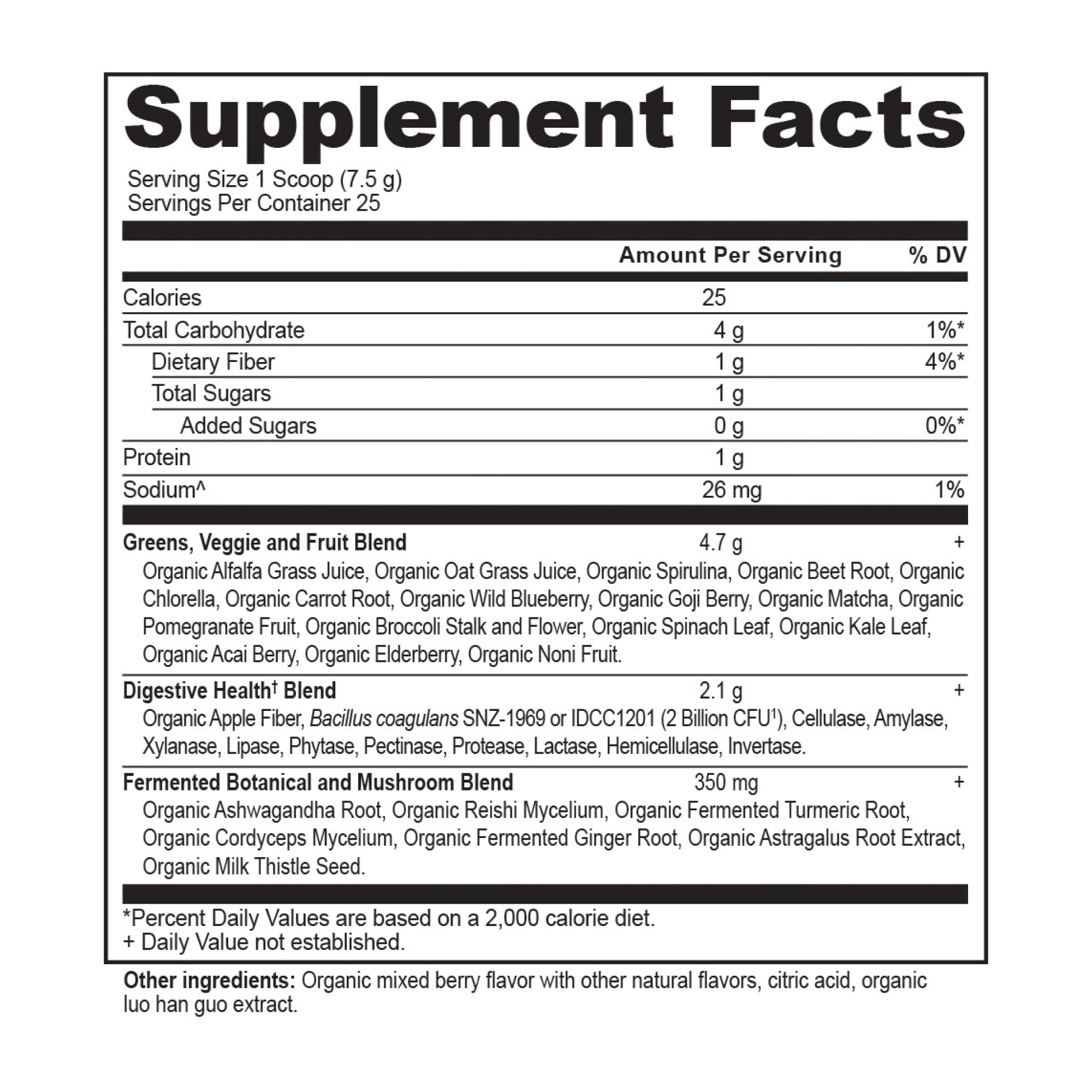 Organic SuperGreens Powder Berry Flavor (25 Servings) supplement label