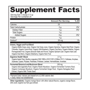 Organic SuperGreens Powder Mango Flavor (25 Servings) supplement label