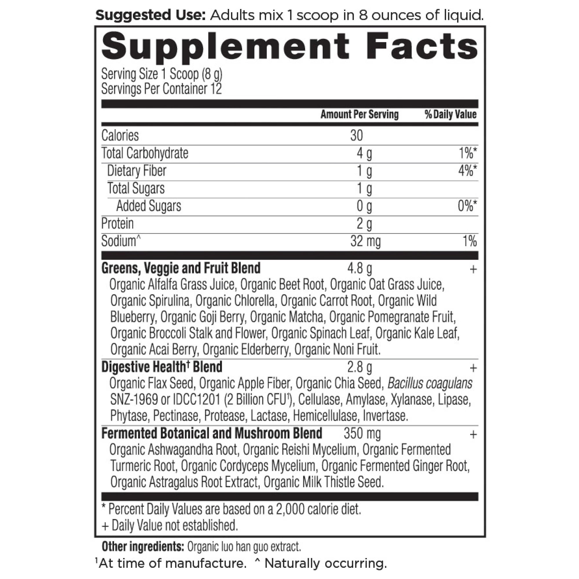 Organic SuperGreens Powder Greens Flavor (12 Servings) supplement label