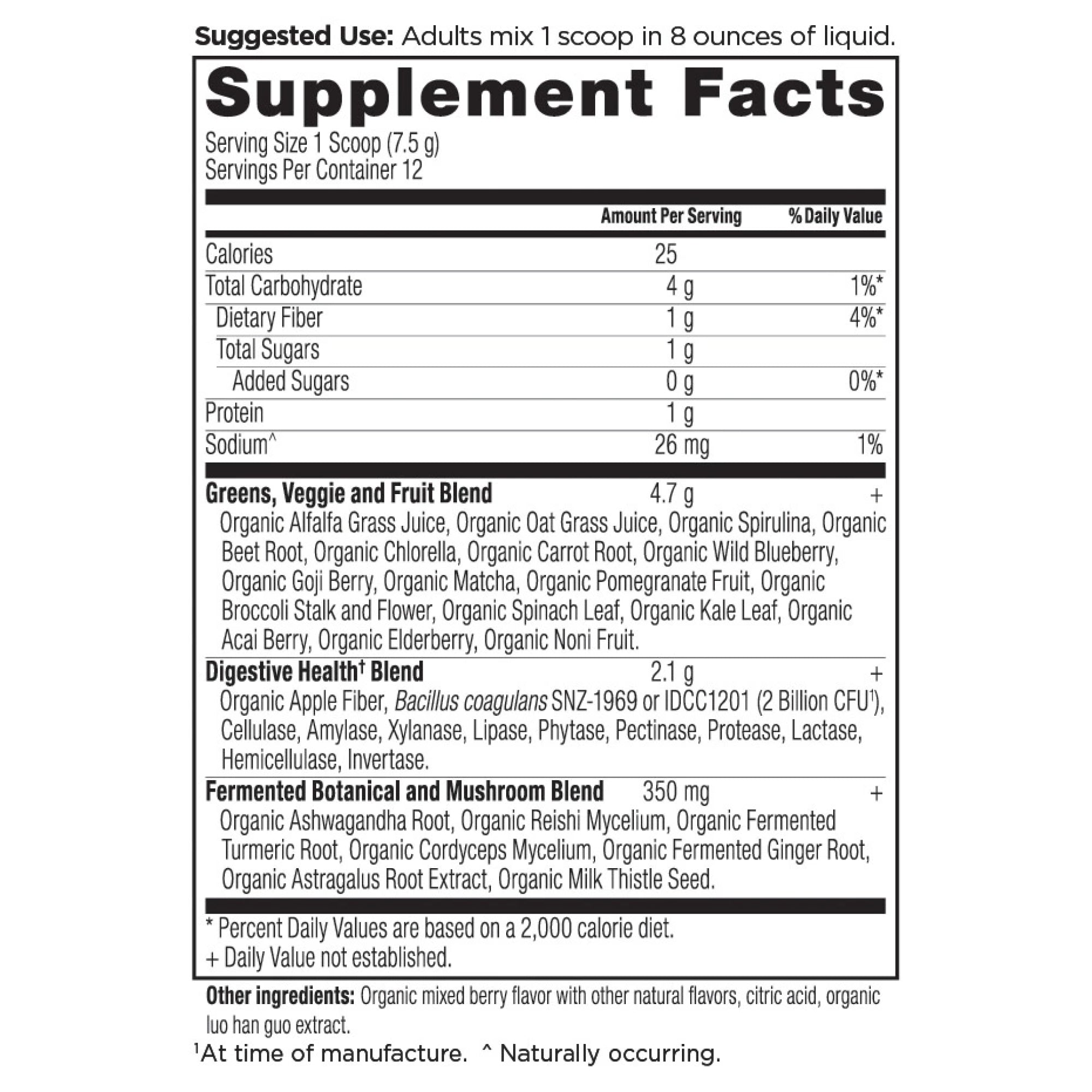 Organic SuperGreens Powder Berry Flavor (12 Servings) supplement label