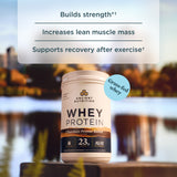 Whey protein container with a scenic background