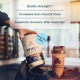 Whey protein container and shaker with text about health benefits on a blurred background