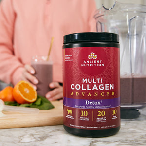 Multi Collagen Advanced Detox Powder on a kitchen counter