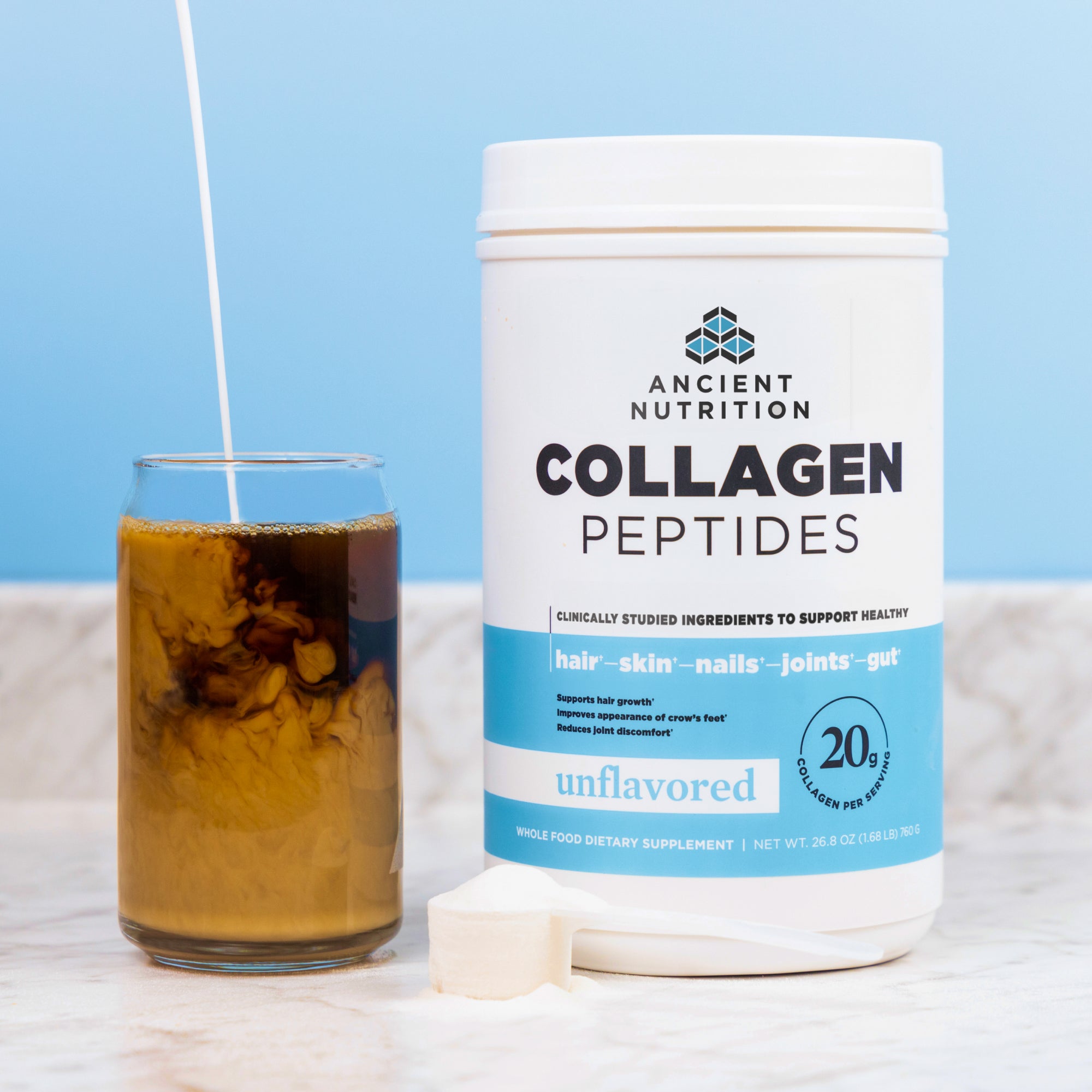 iced coffee in a glass cup next to a bottle of collagen peptides