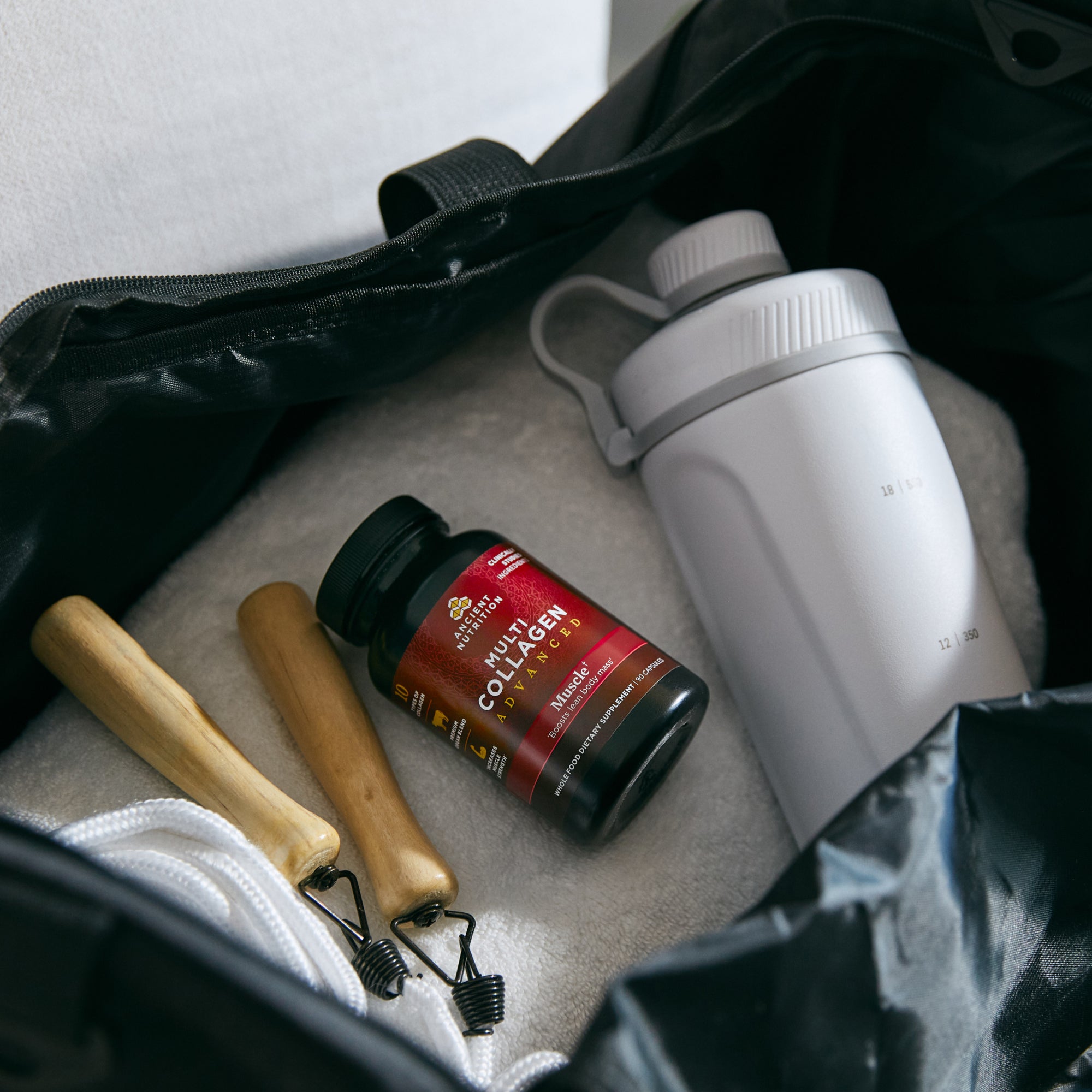 Multi Collagen Advanced Muscle Capsules in a gym bag