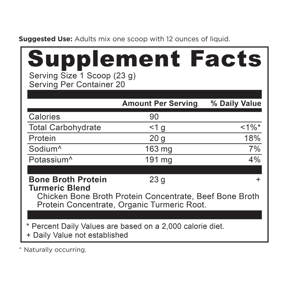 Bone Broth Protein Powder Turmeric (20 Servings) supplement label