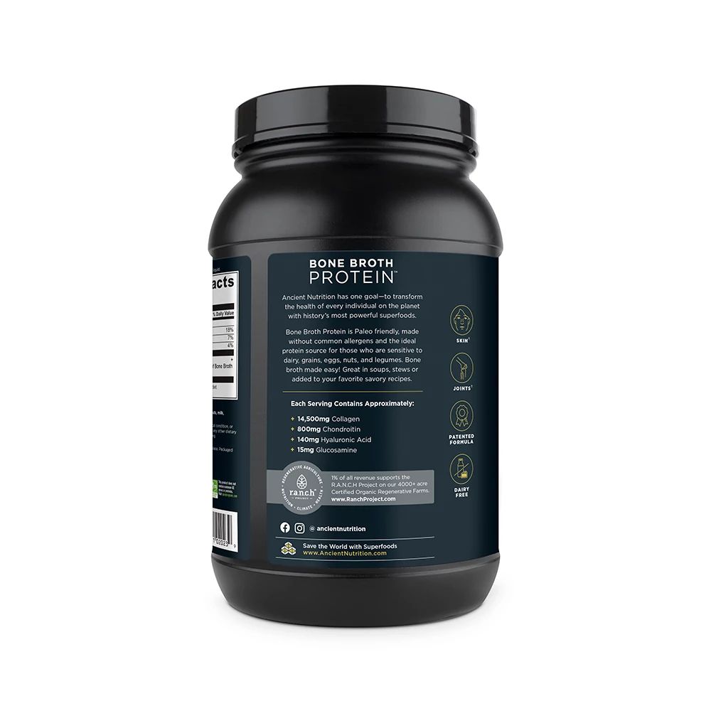 Bone Broth Protein Pure 40 servings back of bottle with RANCH messaging