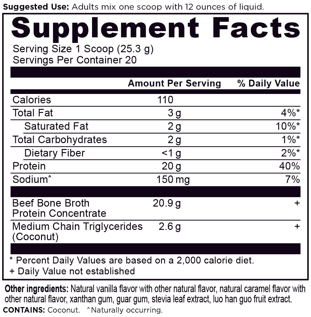 Bone Broth Protein Salted Caramel Supplement Facts Panel 