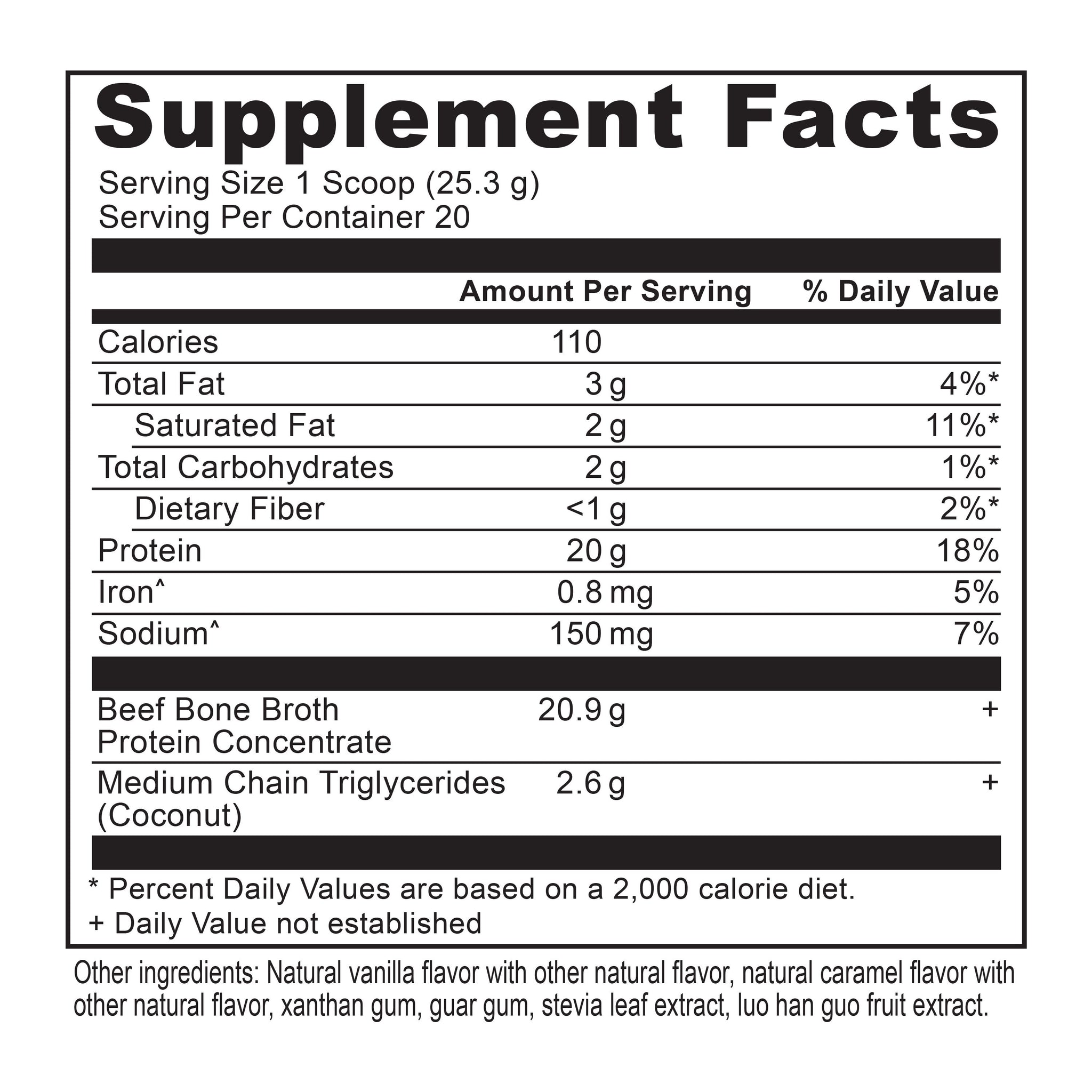 Bone broth protein salted caramel supplement label