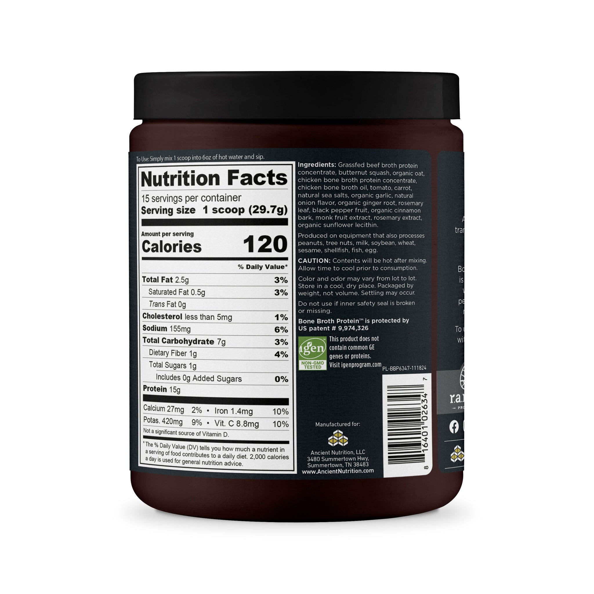 bone broth protein butternut squash side of bottle