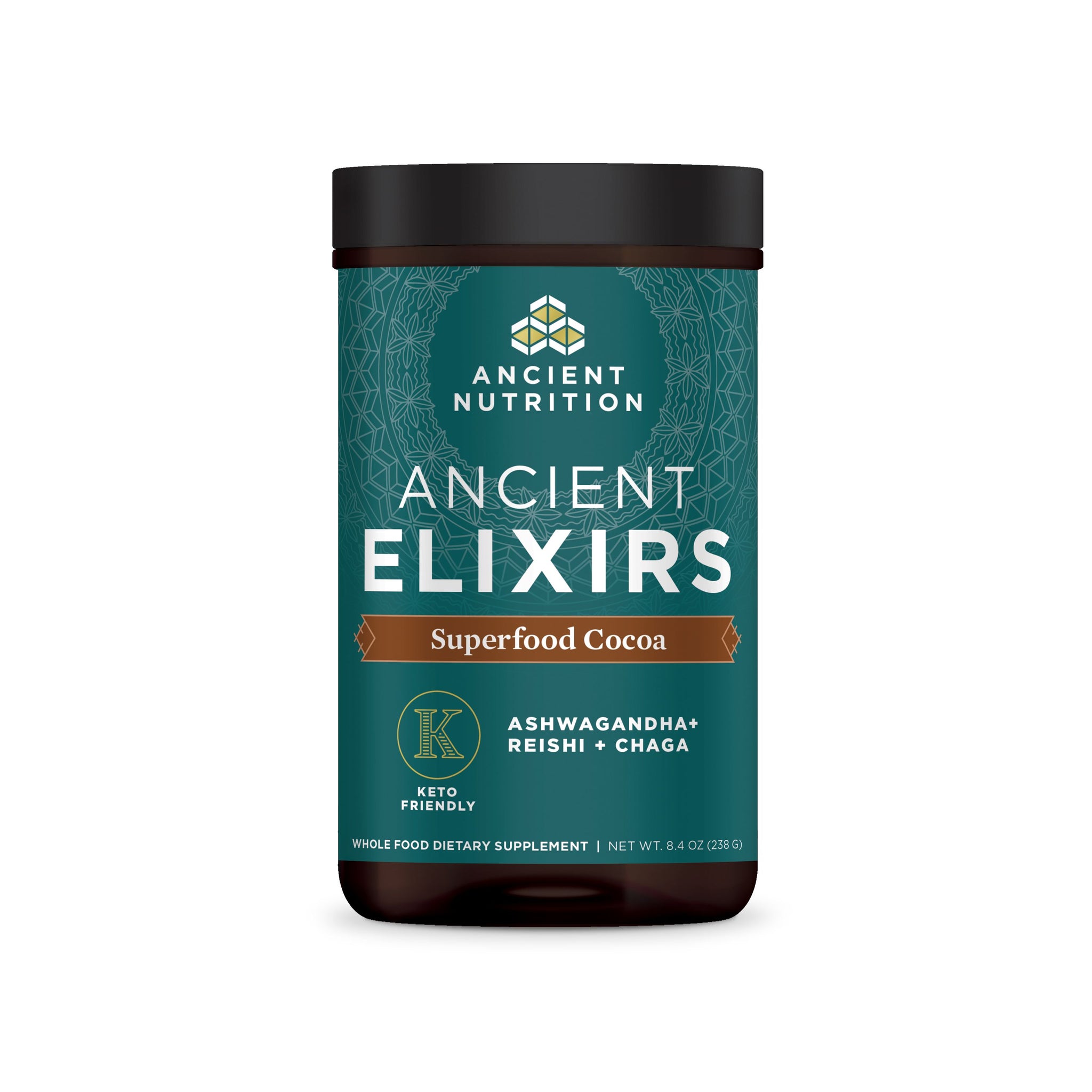 Ancient Elixirs Superfood Cocoa Powder front of bottle 