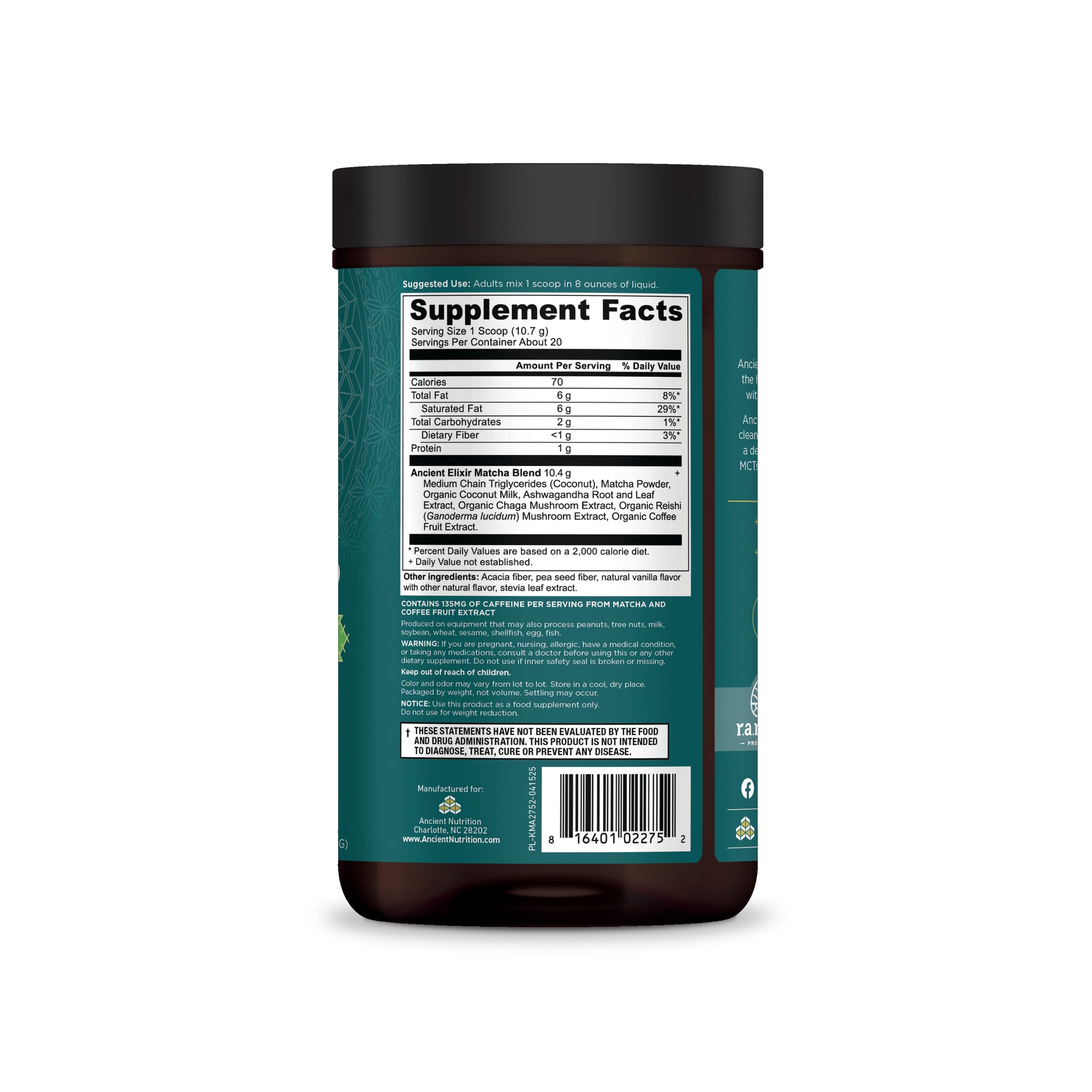 Ancient Elixirs Superfood Matcha Powder side of bottle