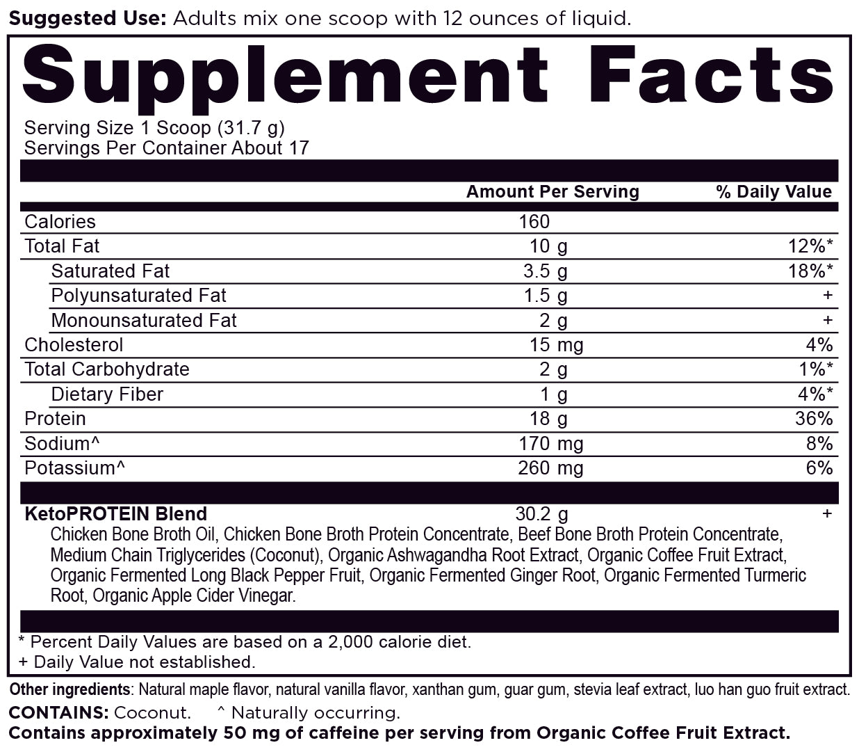 Keto Protein Vanilla Supplement Facts Panel