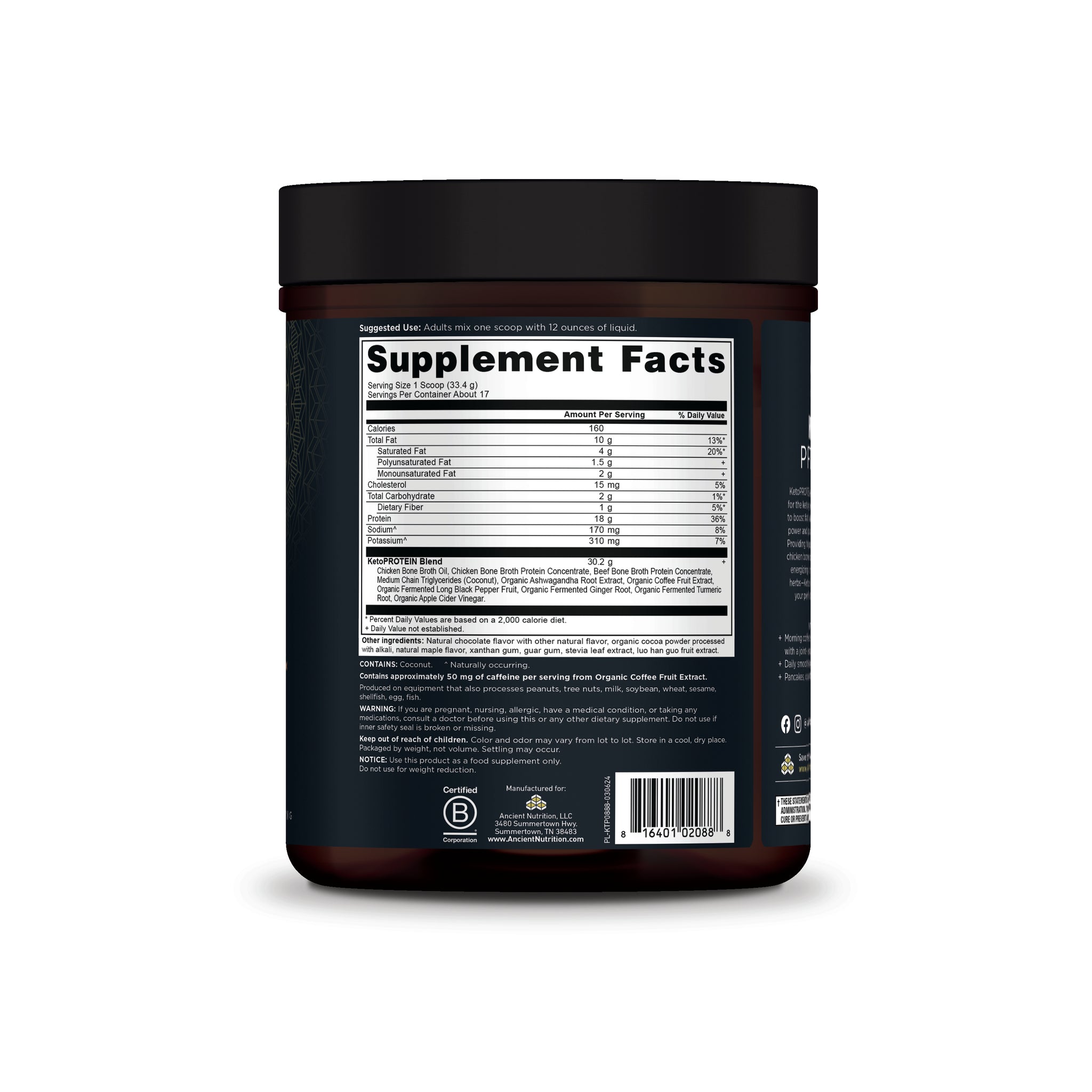 Keto Protein Chocolate Side Panel with Supplement Facts 