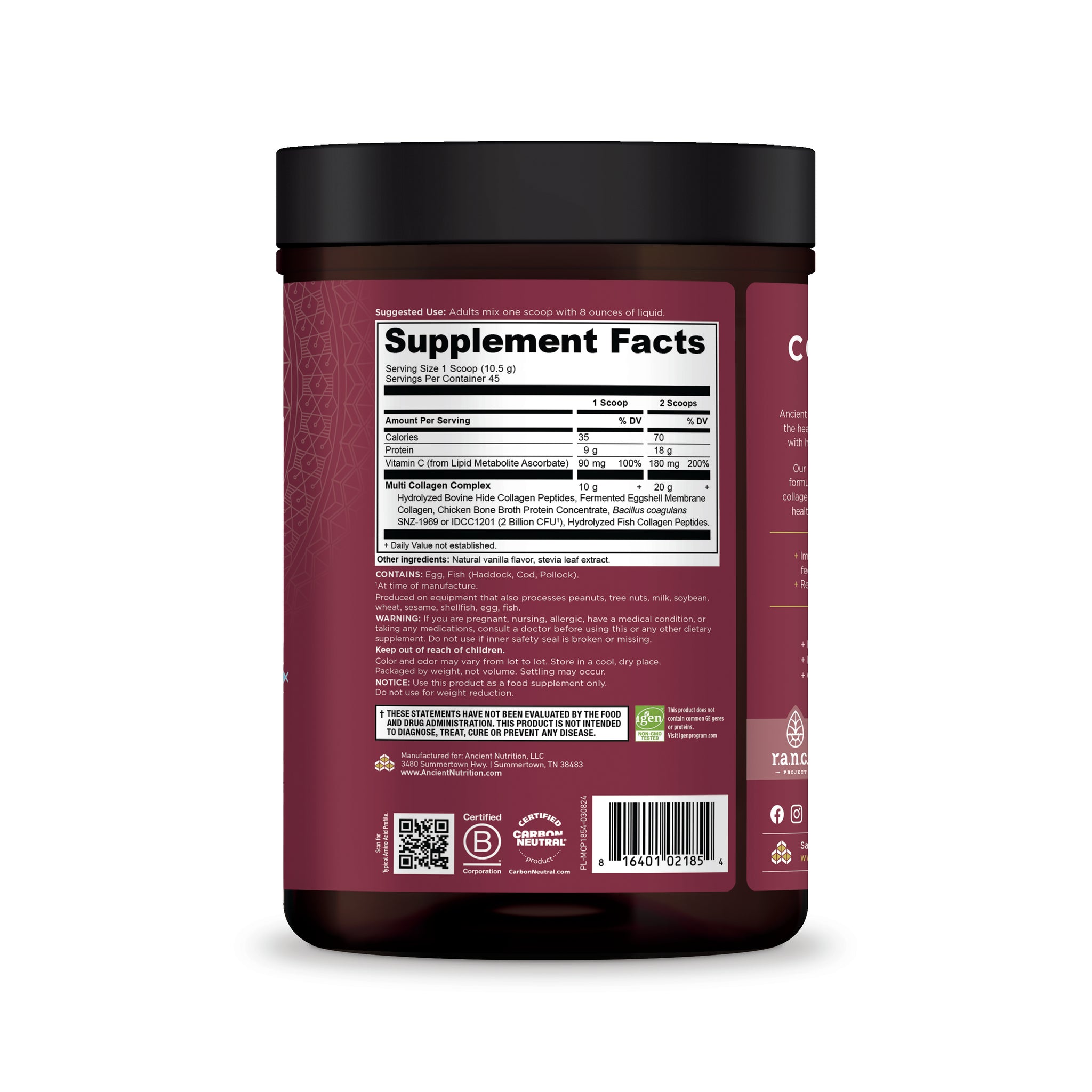 Multi Collagen Protein Powder Vanilla (45 Servings) Supplement Facts side Panel 