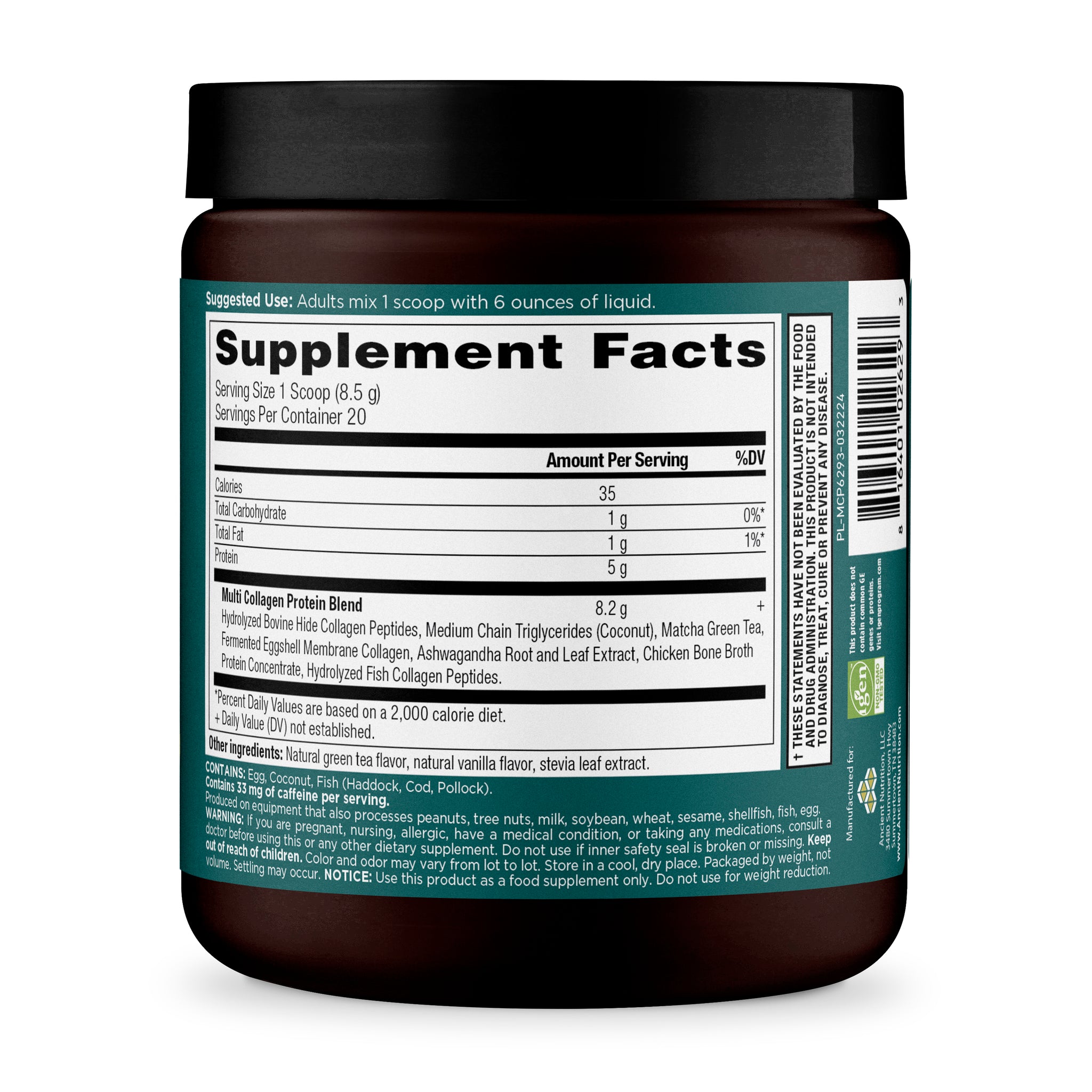 Collagen Matcha Energizer side panel with supplement facts. Contains 33 mg of caffeine per serving