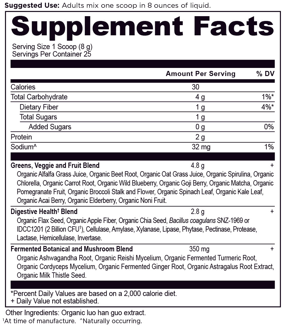 supergreens greens flavor supplement label