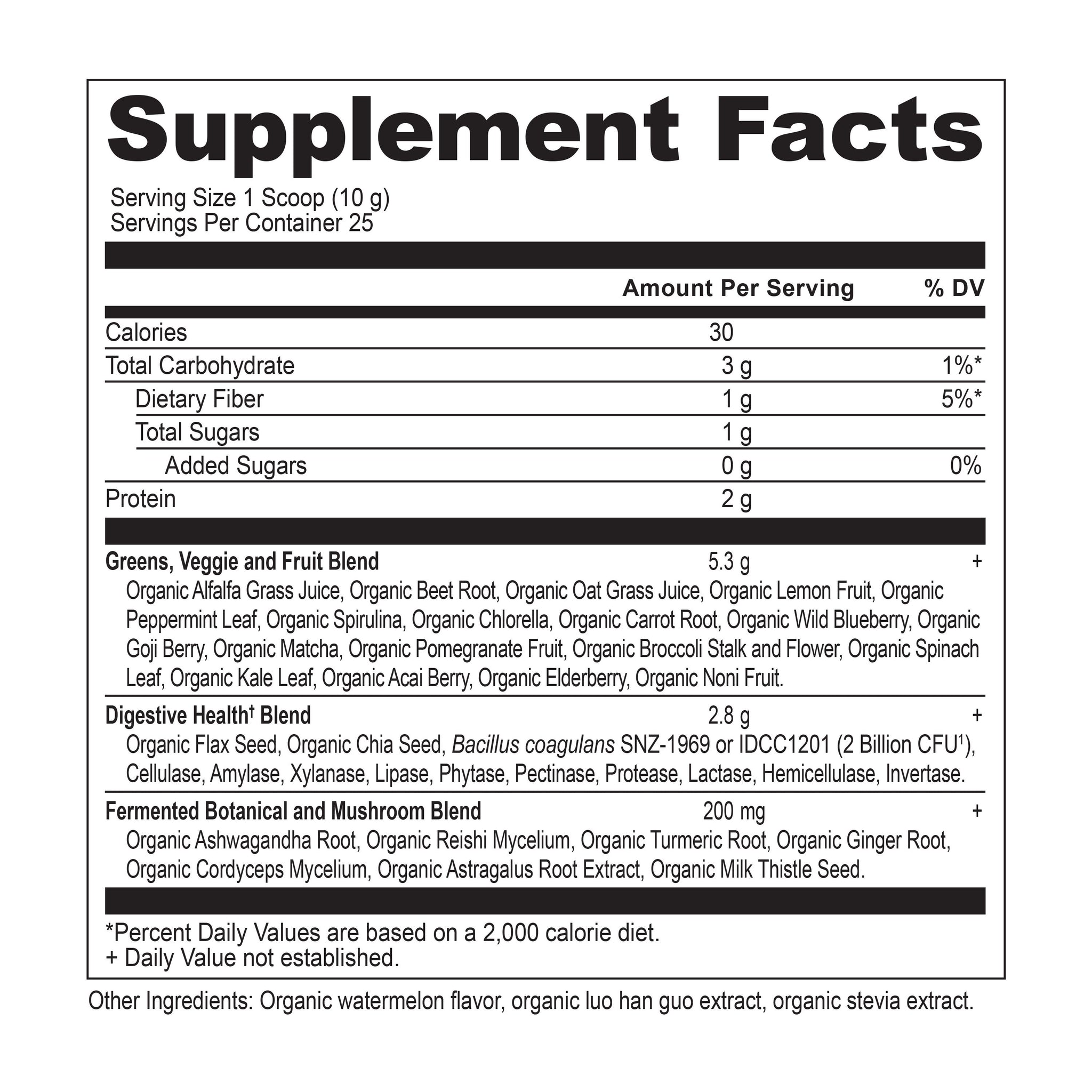 Organic SuperGreens Powder Watermelon supplement label