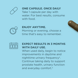 An informational graphic on a light blue background with three dark teal icons and text blocks: a capsule, a clock, and a calendar, plus a brown capsule shown at the right edge. The text reads: 'ONE CAPSULE.
