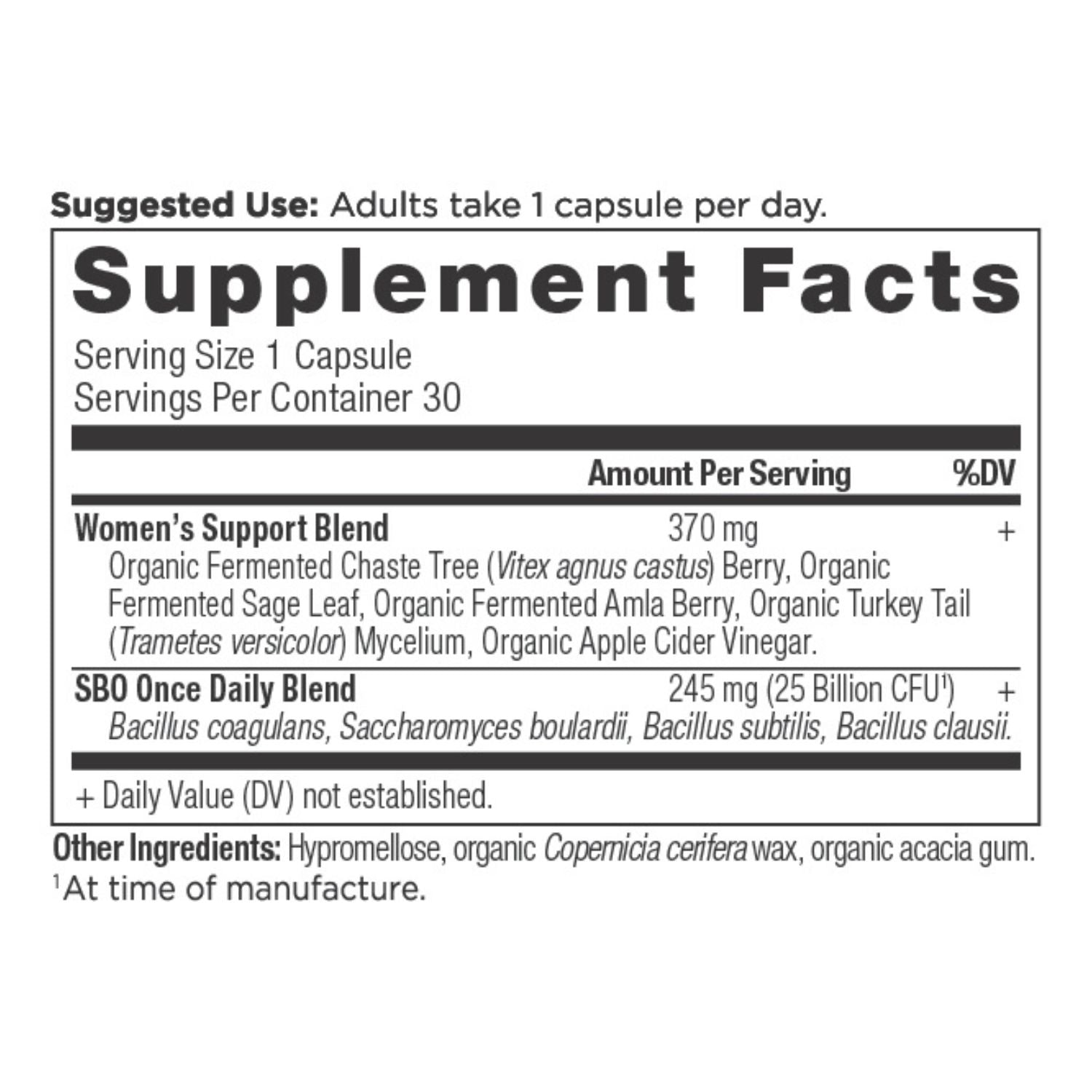 SBO Probiotics Women's Once Daily supplement label