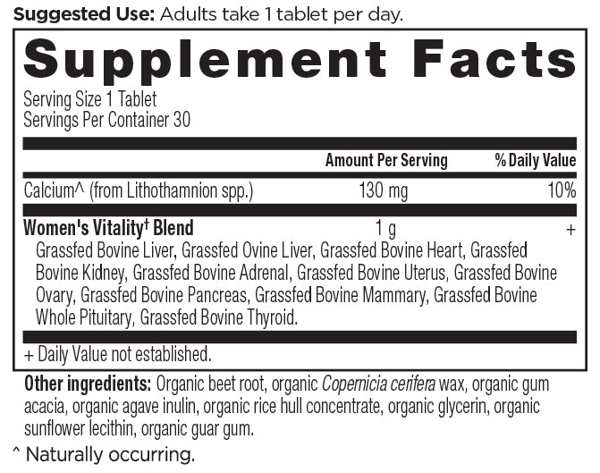 Women's Vitality Once Daily Tablets supplement label