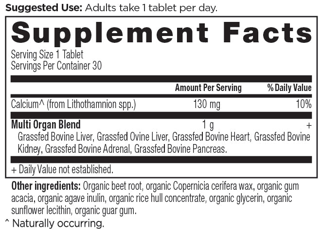 Organs Blend Once Daily Tablets supplement label