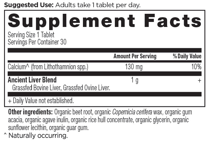 Grass-Fed Liver Once Daily Tablets supplement label