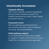 A blue gradient informational graphic with white text reading 'Intentionally formulated' and three bullet points about targeted efficacy, purposeful forms, and multi-pathway support.