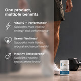 Promotional graphic for a men's testosterone booster supplement. The left side features a semi-transparent overlay with white text highlighting benefits: 'Vitality + Performance', 'Sexual Wellness', and 'Healthy Testosterone'.