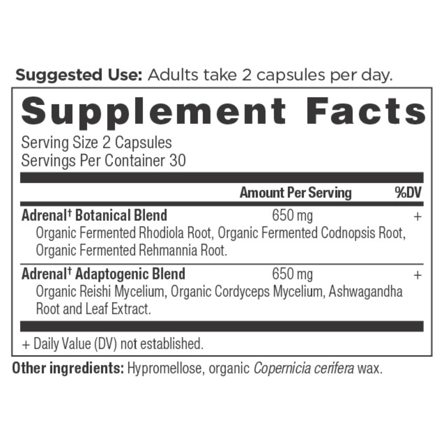 Adrenal Capsules Supplement Facts Panel 